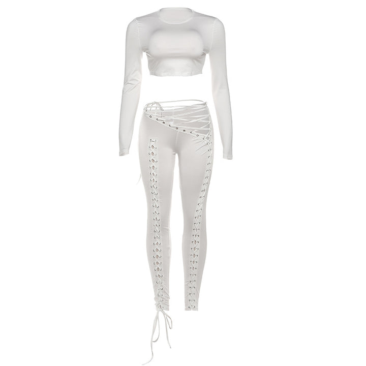 Dame Crop-Top og højtskårne leggings med snørredetaljer Skovae