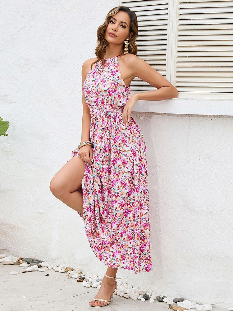 Dame Floral Halter Maxikjole med justerbart taljebånd Stilla