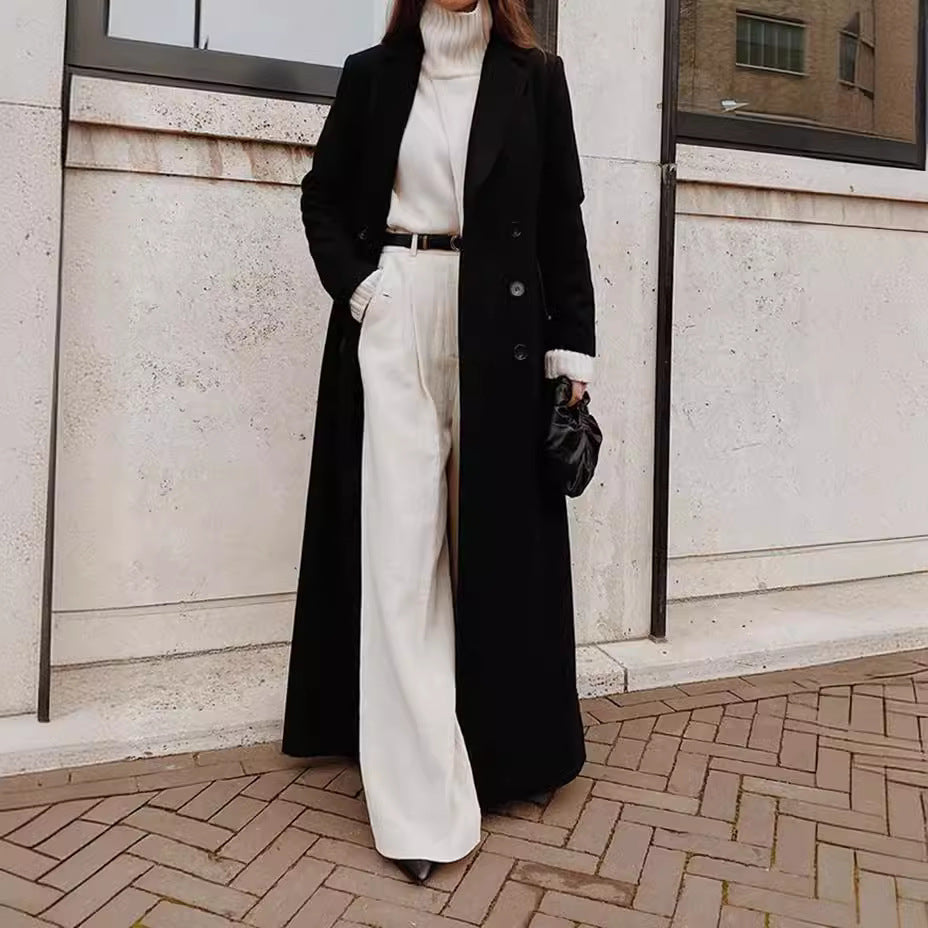 Dame klassisk Maxi-frakke med elegante folder og lommer Stilla