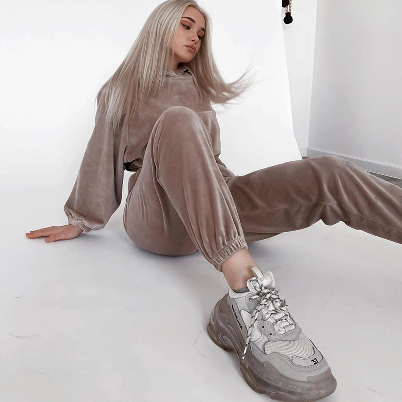 Dame Casual Velours Sportsæt med cropped top og elastiske bukser Stilla