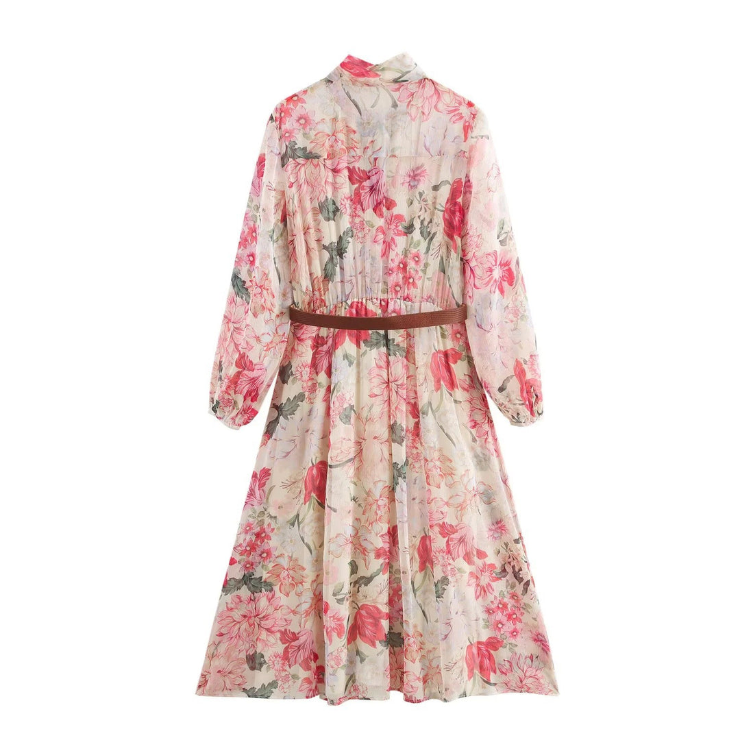 Femme Elegantes Floral Print Maxikjole med Bælte Stilla