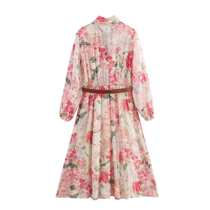 Femme Elegantes Floral Print Maxikjole med Bælte Stilla