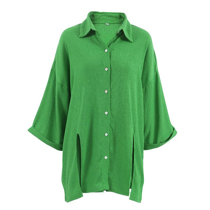 Dame afslappet oversized skjortebluse med struktureret materiale og korte ærmer Stilla