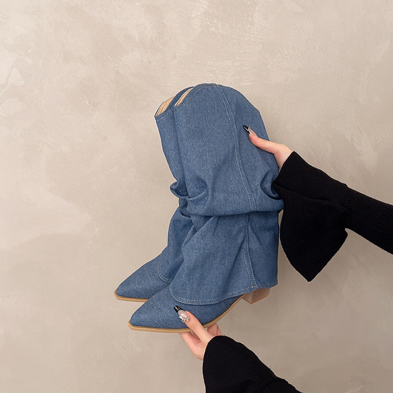 Dame støvler med afslappet denim-design og moderne blokhæl Stilla