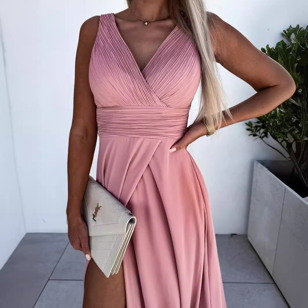 Dame elegant maxikjole med dyb slids og omslag detalje Stilla