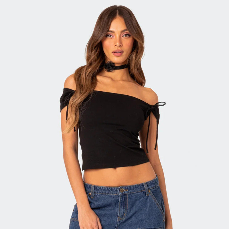 Dame top med off-shoulder-design og bindebånd Skovae