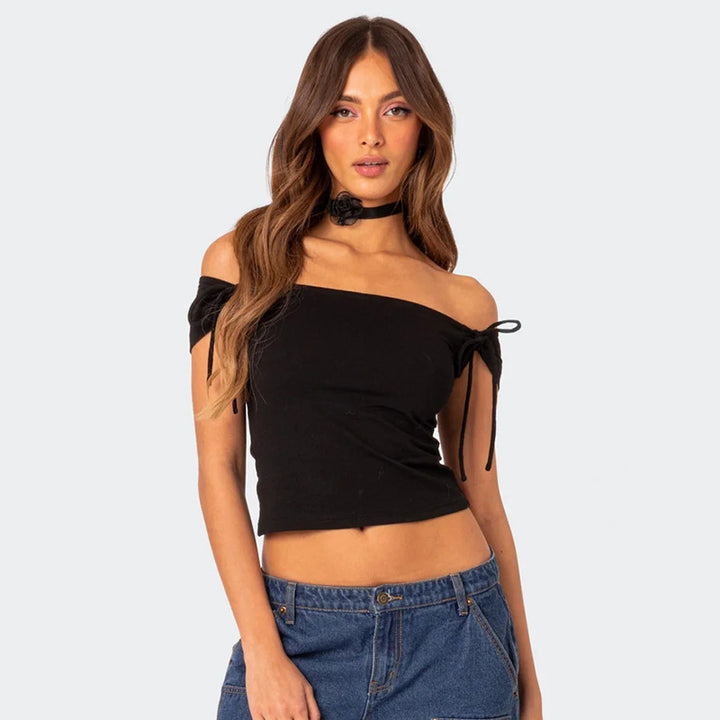 Dame top med off-shoulder-design og bindebånd Skovae