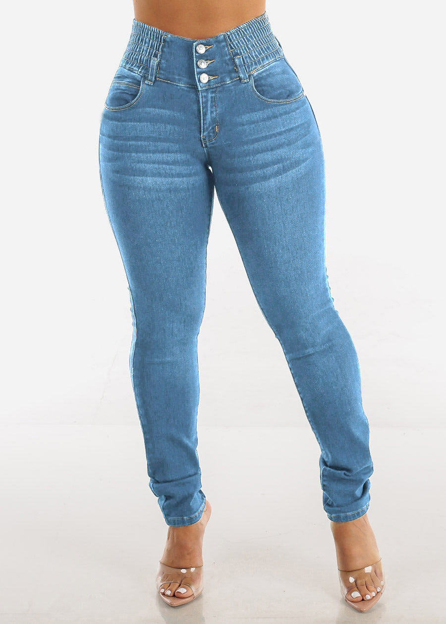 Dame Højtaljede Skinny Jeans med elastisk talje og knapdetaljer Stilla