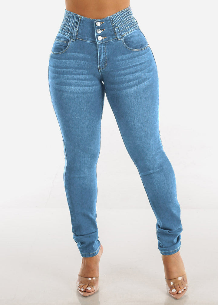Dame Højtaljede Skinny Jeans med elastisk talje og knapdetaljer Stilla
