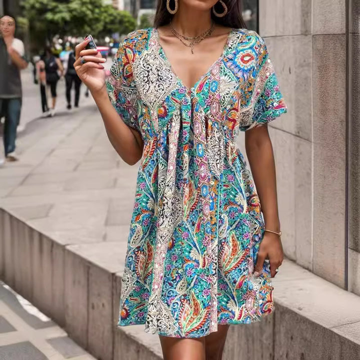 Femme Vibrant Bohemian Minikjole med flydende silhuet Stilla