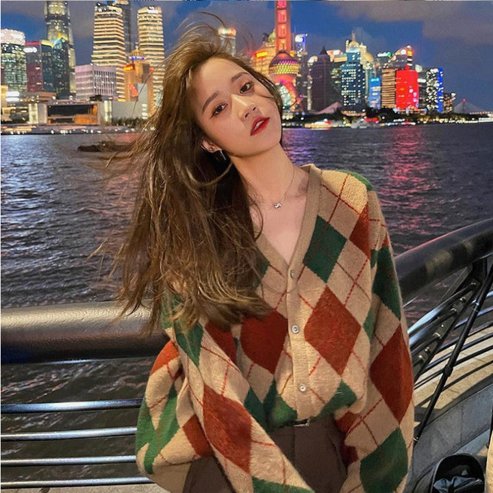 Femme Artistic Argyle Strikcardigan Stilla