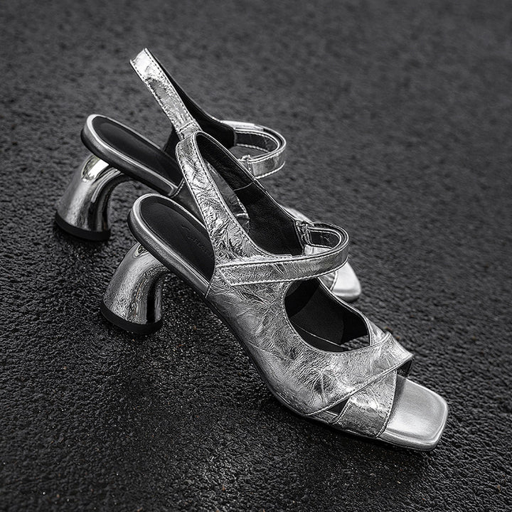 Femme Metalliske Slingback Hæle Sandaler med Blokhæl Design Stilla