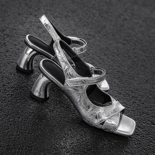 Femme Metalliske Slingback Hæle Sandaler med Blokhæl Design Stilla