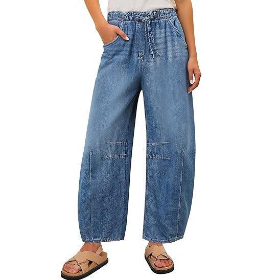 Dame bredde denim-bukser med elastisk talje og praktisk snit Skovae