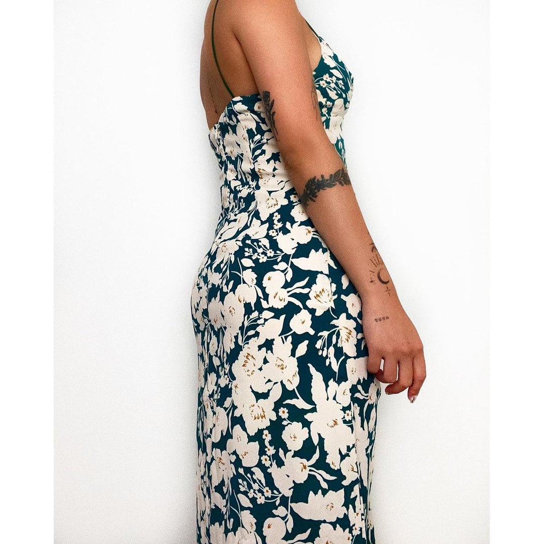Ladies spaghetti strap maxi dress with floral design and high slit Skovae