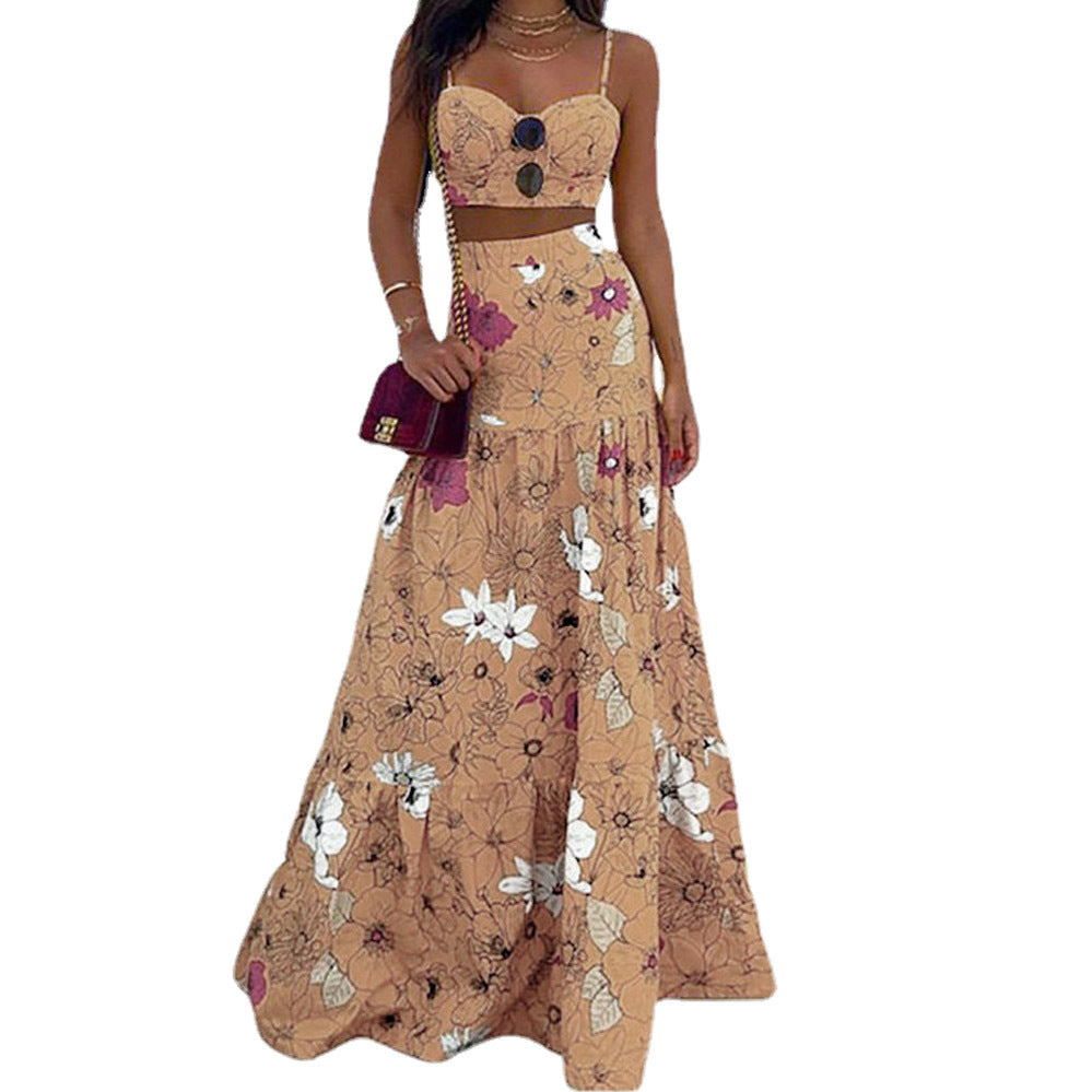 Kvinders Blomster Crop Top og Maxi Nederdel Sæt Stilla