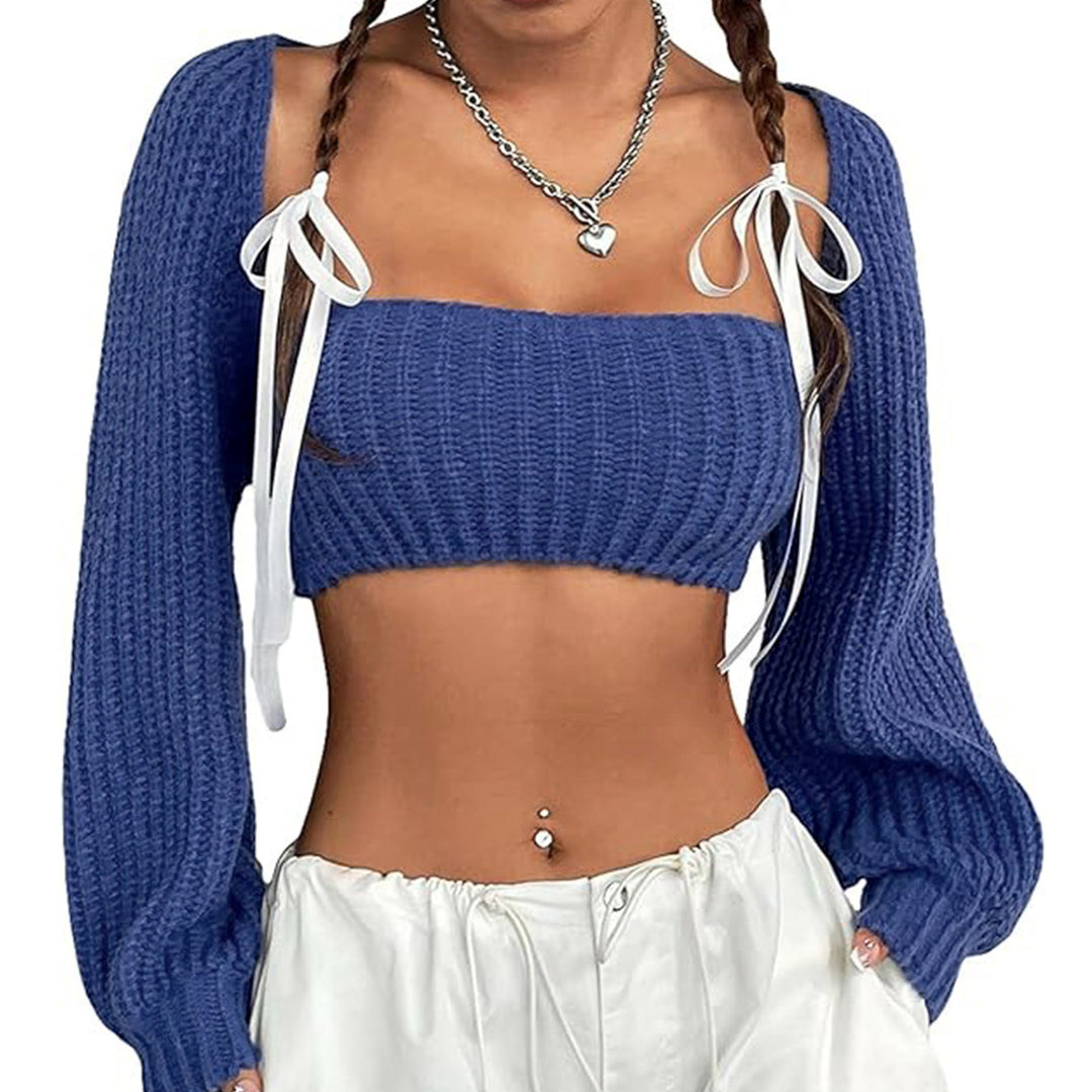 Dame cropped pullover med lange pufærmer og dekorative bånd Stilla