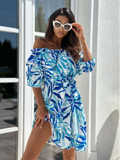 Dame Off-Shoulder Kjole med bindebånd i taljen og blomsterdesign Stilla