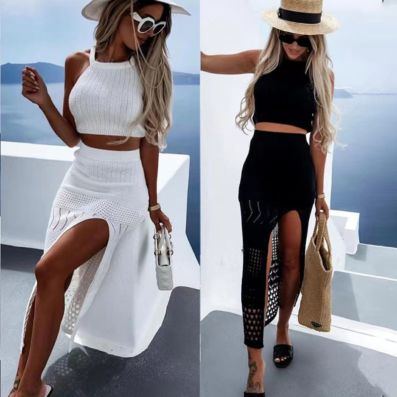 Dame strik sæt med forførende slids og trendy hækle mønster Stilla