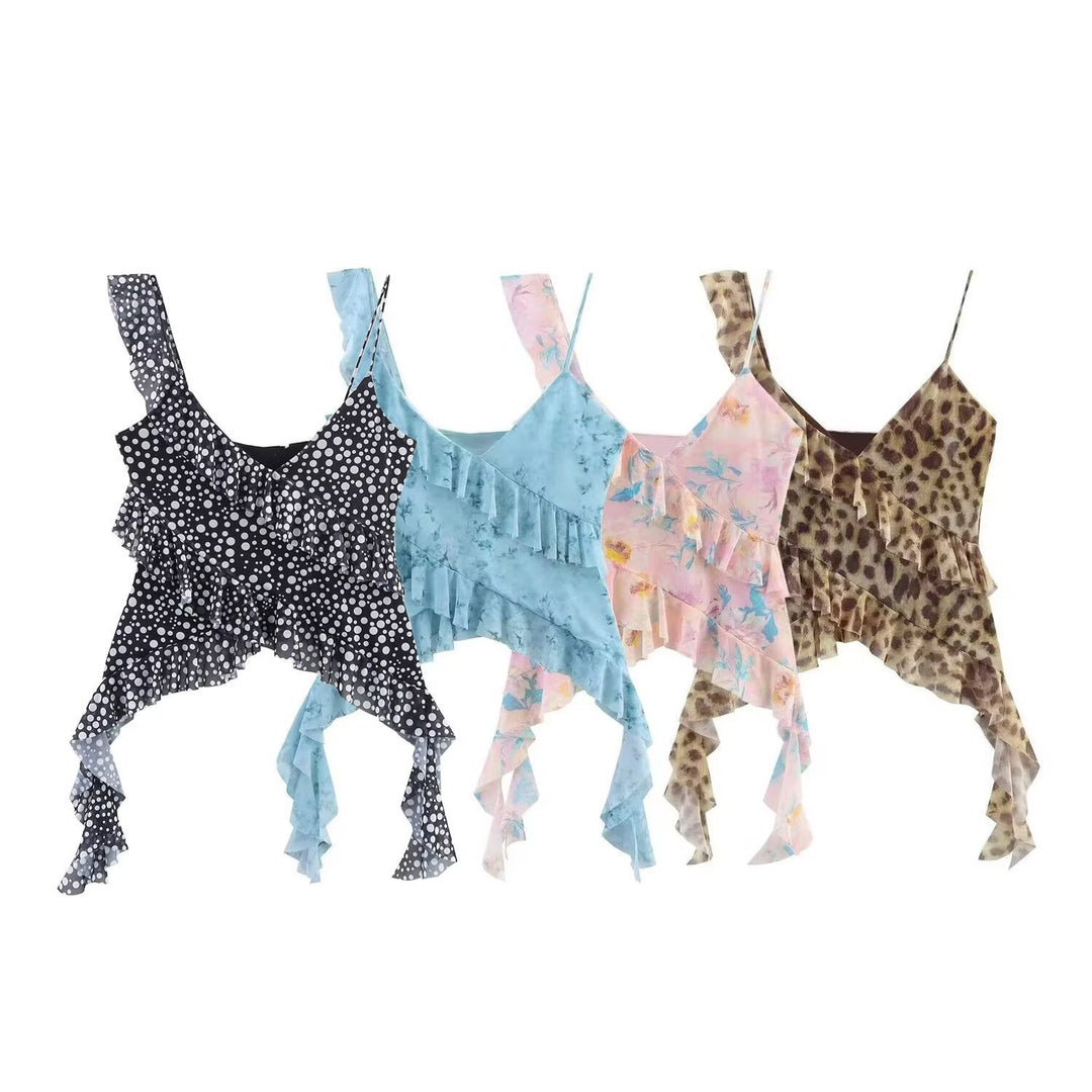 Femme Asymmetrisk Rynke-Leopardmønster-Top Stilla