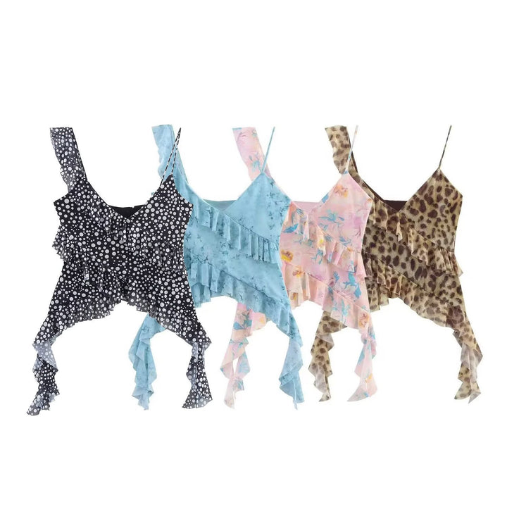 Femme Asymmetrisk Rynke-Leopardmønster-Top Stilla