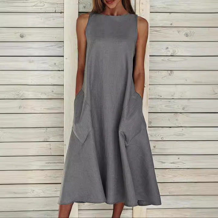 Dame elegant midi-kjole med praktiske lommer Stilla