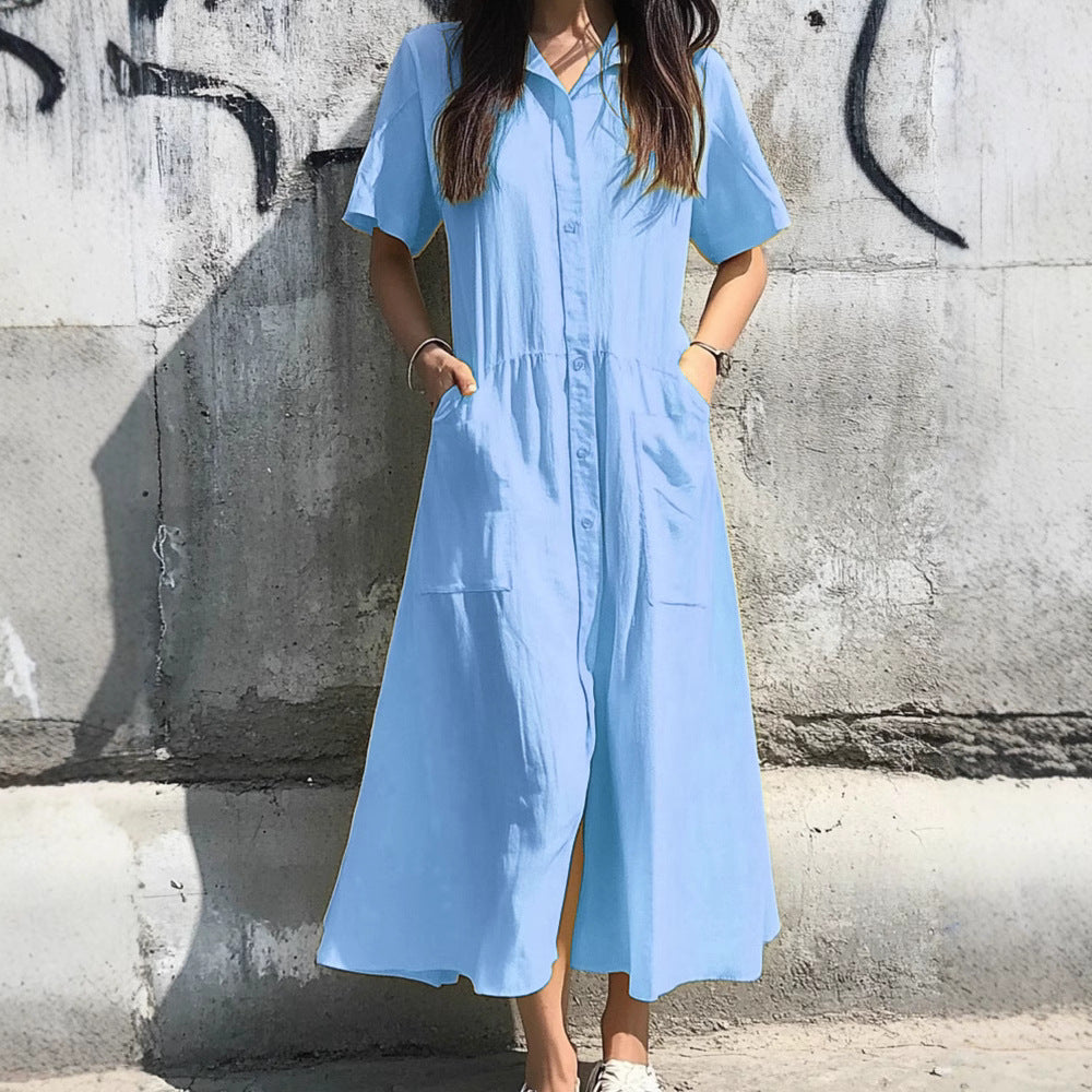 Dame Langærmet Kjole med Knaplukning og Praktiske Lommer Stilla