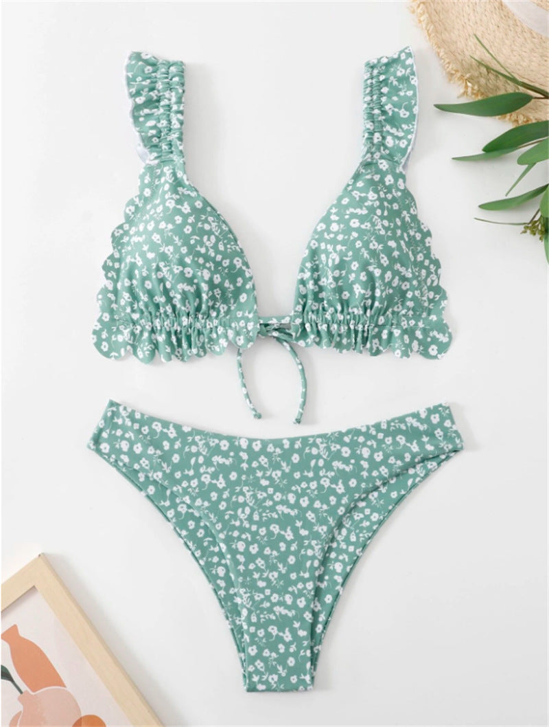 Femme Floral Print Ruffle Bikini Sæt Stilla