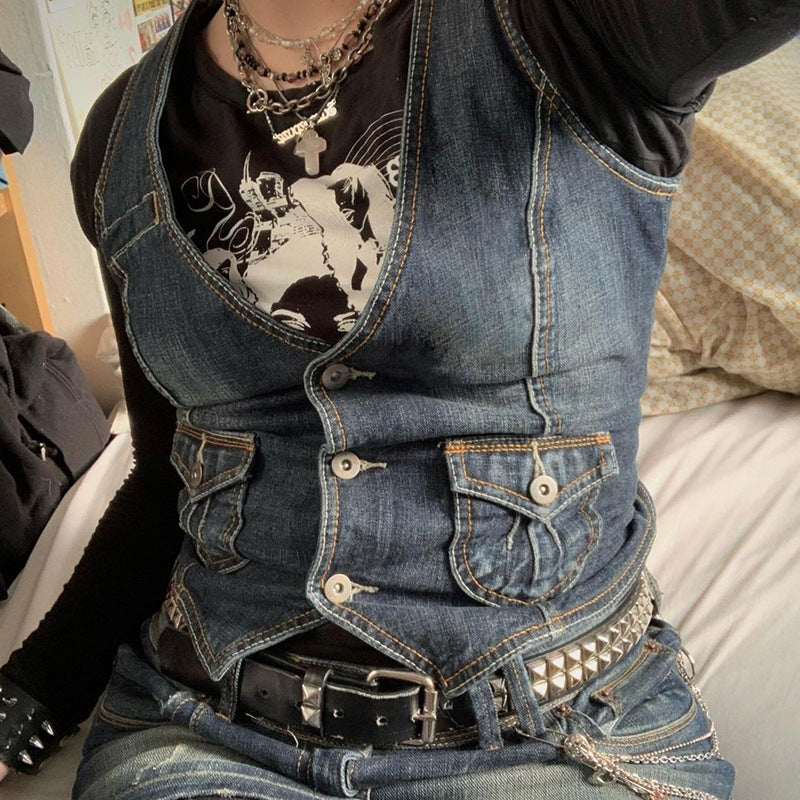 Dame Denim-korset med spidsdetaljer og unik snit Stilla