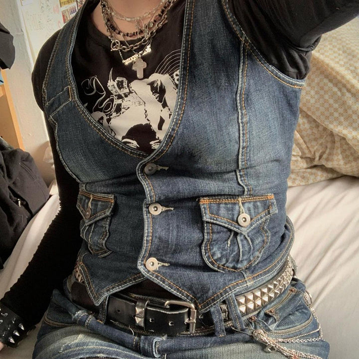 Dame Denim-korset med spidsdetaljer og unik snit Stilla