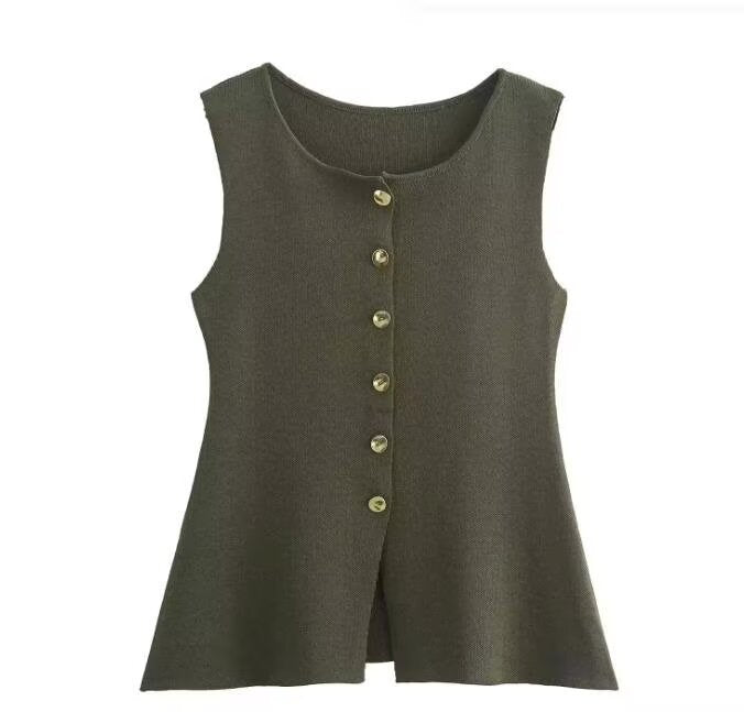 Femme Ribbet Strik Knap-Op Tank Top Stilla