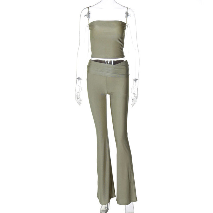 Dame Crop-Top og Flared Bukser Sæt med elegant Rynkning og smal Snit Stilla