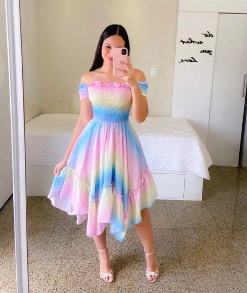 Dame Off-Shoulder Sommerkjole med legende sommerfuglemønster og flæse detaljer Stilla