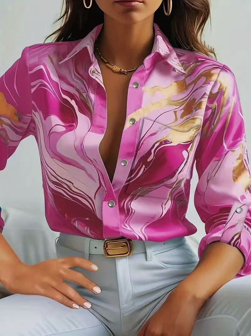Dame elegant bluse med marmoriseret design og smart ståkrave Stilla
