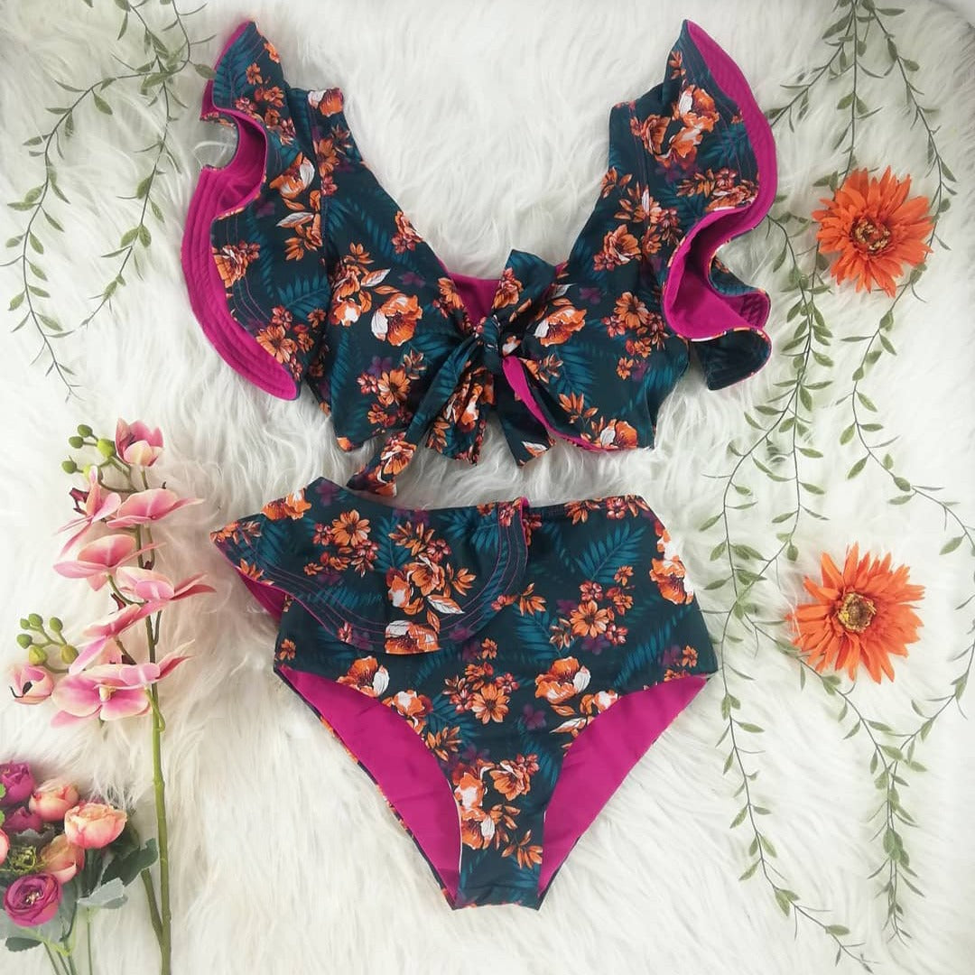 Dame Bikini sæt med romantisk blomstret design og høj talje Stilla