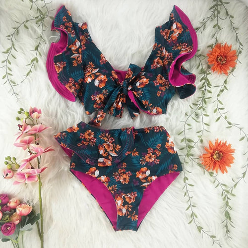 Dame Bikini sæt med romantisk blomstret design og høj talje Stilla