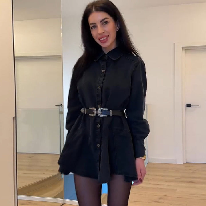 Dame jeans skjorte kjole med tætsiddende bælte og vidde svingende skirt Stilla