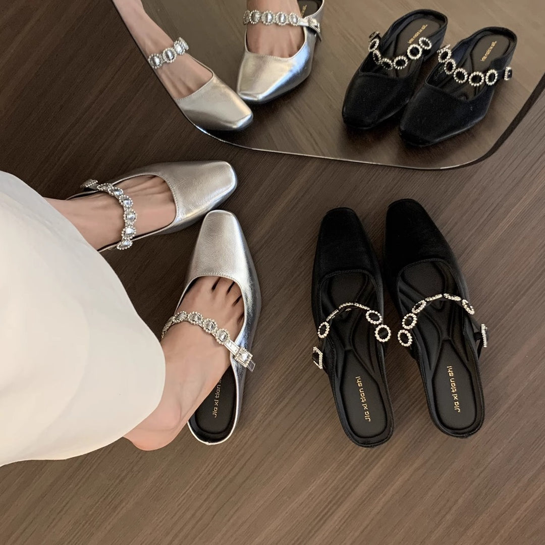 Dame elegante blokhæl-slingback-mules med dekorativt strassbånd Stilla