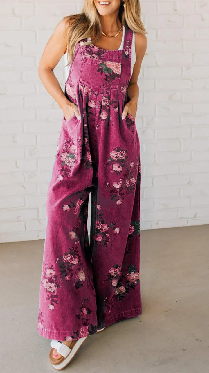 Dame bomulds-overall med blomstret print og brede ben Stilla