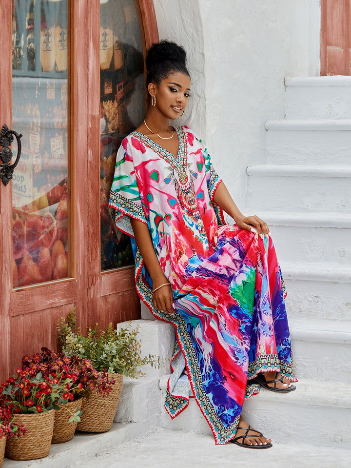 Dame Kaftan med kunstnerisk blomsterdesign og elegant V-udskæring Stilla