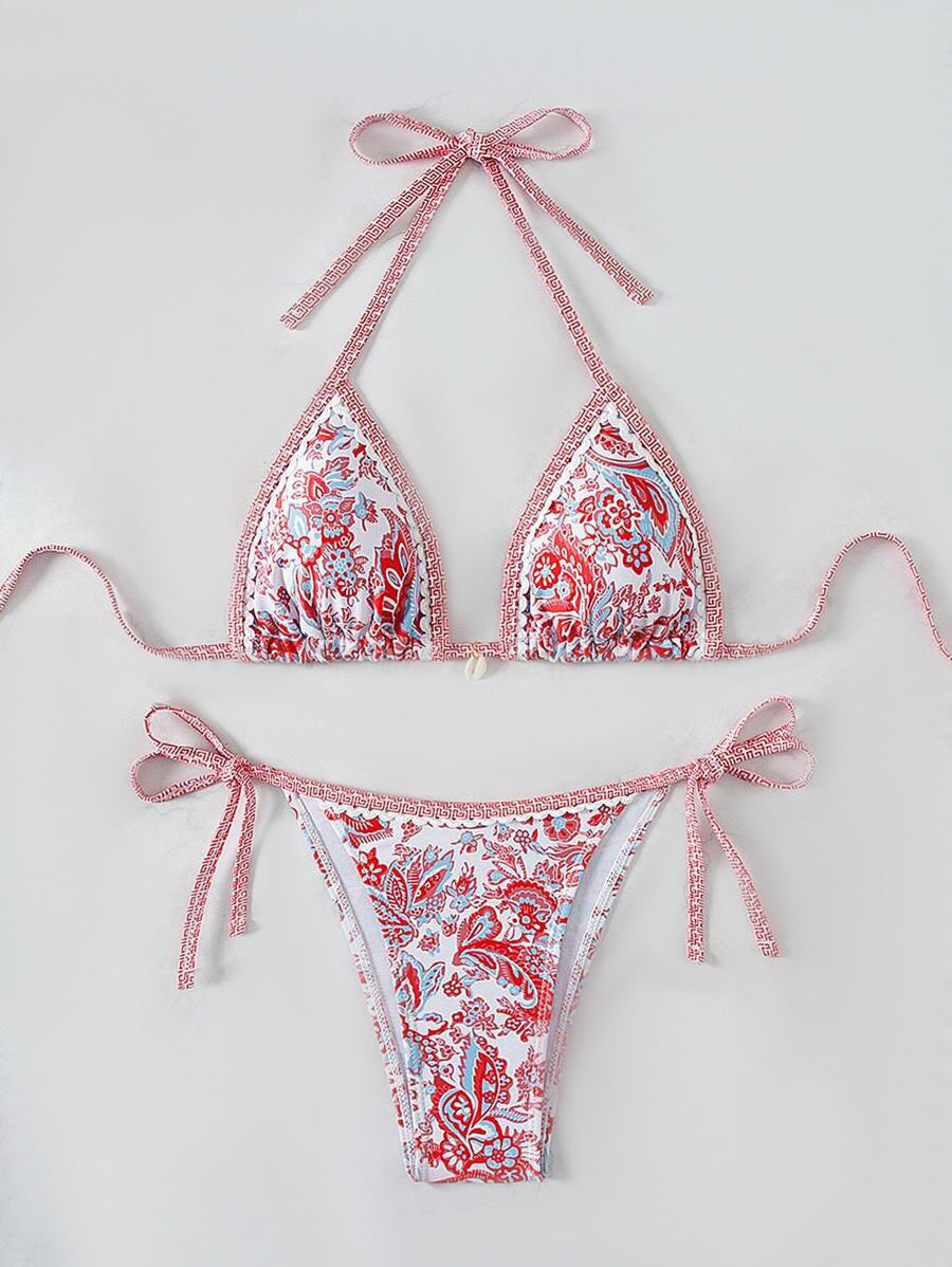 Dame Triangel-Bikini-Sæt med justerbare bindebånd og blomstermotiv Skovae