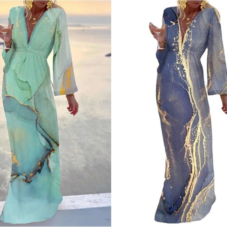 Dame Maxikjole med dyb V-udskæring og elegant fluiddesign Stilla