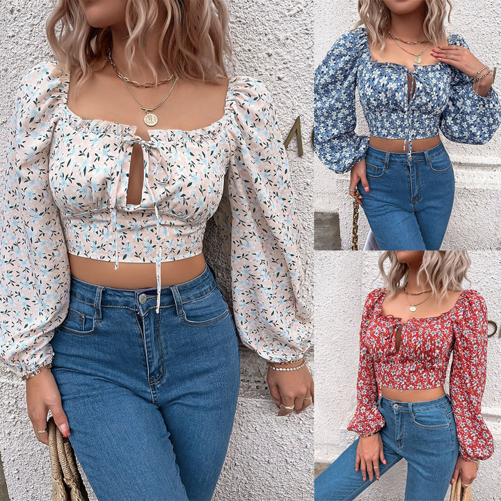 Dame blomstret Crop-Top med puffærmer og snørre detaljer Stilla