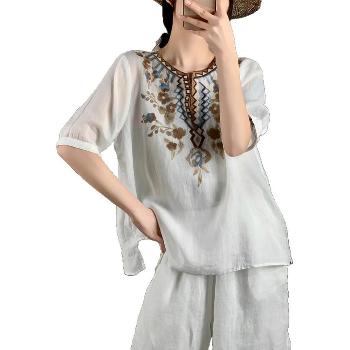 Femme Broderet Linned-Tunika-Overdel Stilla