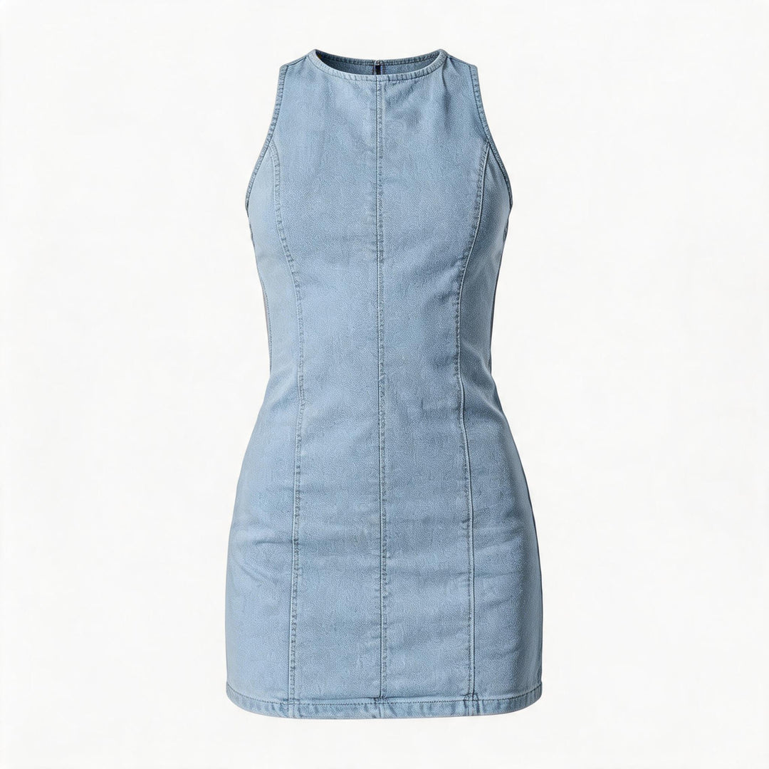 Dame tætsiddende denimkjole med sideslidser og høj krave Skovae