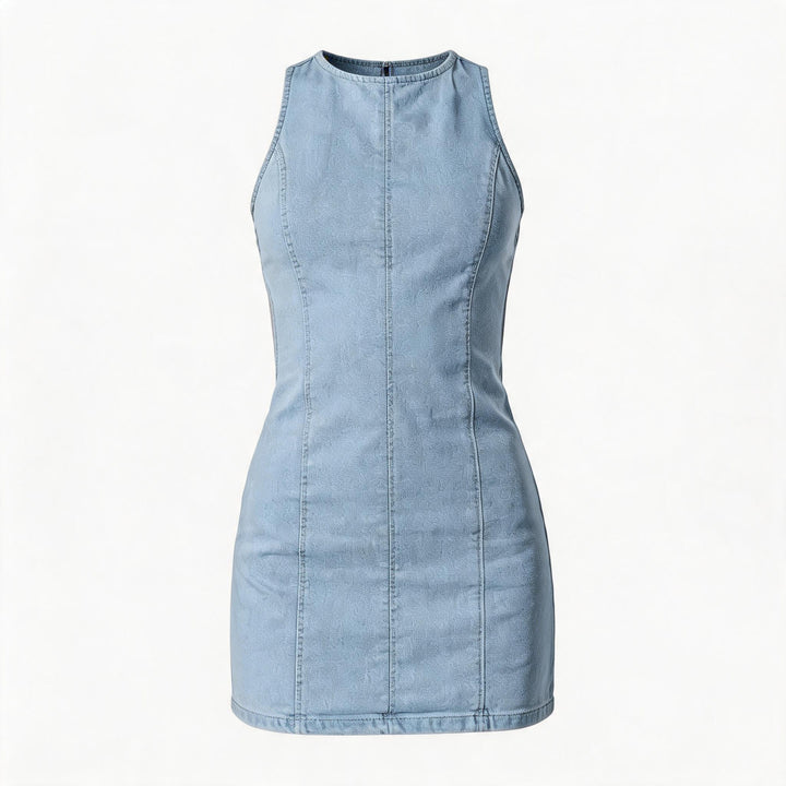 Dame tætsiddende denimkjole med sideslidser og høj krave Skovae