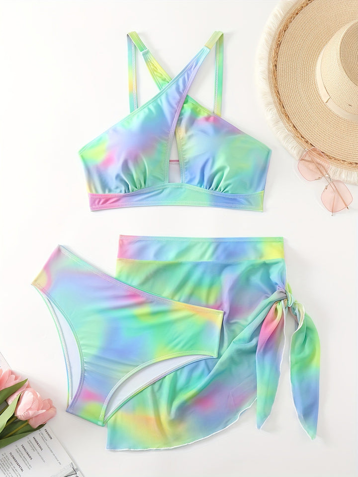 Dame Triangel-Bikini-Sæt med Sarong og moderne farvemønster Stilla