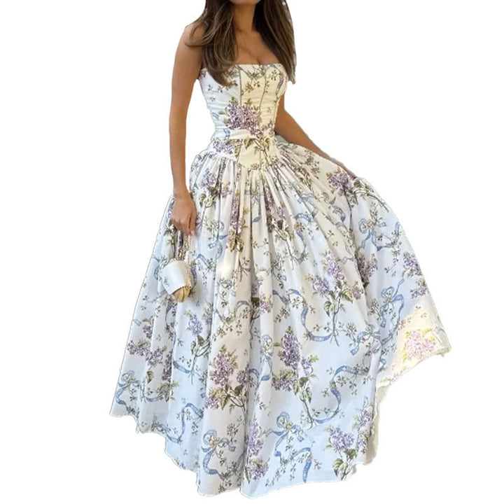 Dame maxi kjole med blomster mønstre og samlet top Stilla