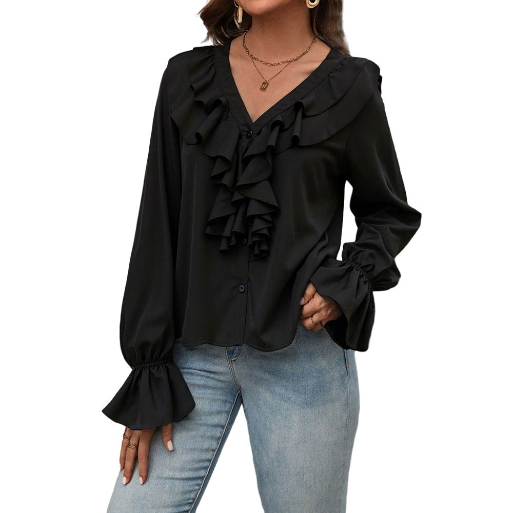 Kvinders bluse med elegante flæsedetaljer og chic V-hals Stilla