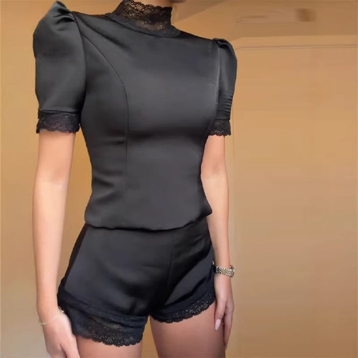 Dame Satin sove shorts med blondedekoration Skovae